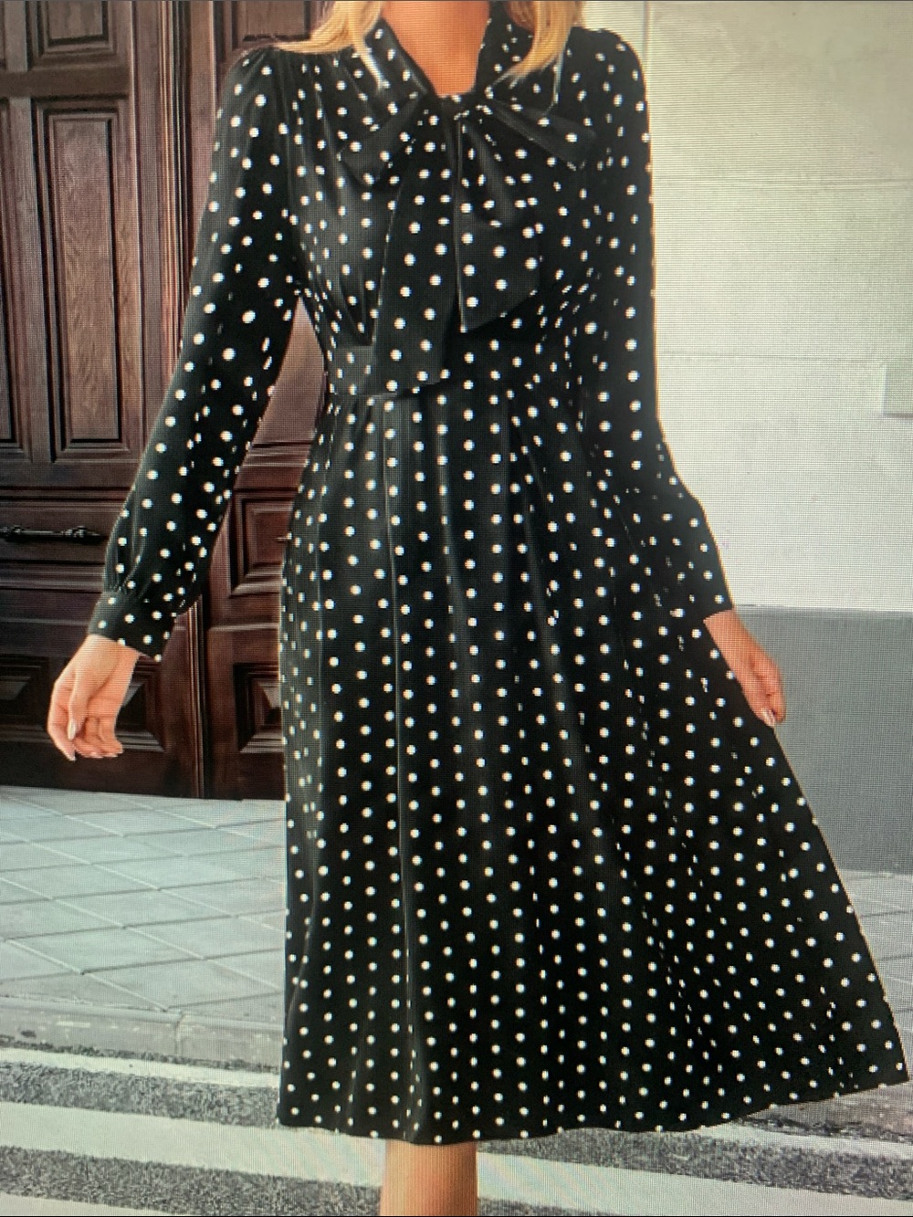 Black Polka Dot Tie-Neck Midi Dress - Elegant Women's Dress